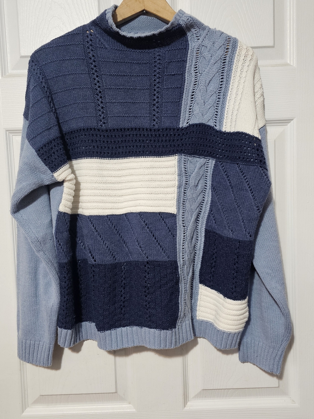 Chaps 90s Patchwork Colorblock Cable Knit Mock Neck Sweater Blue White Large Y2k